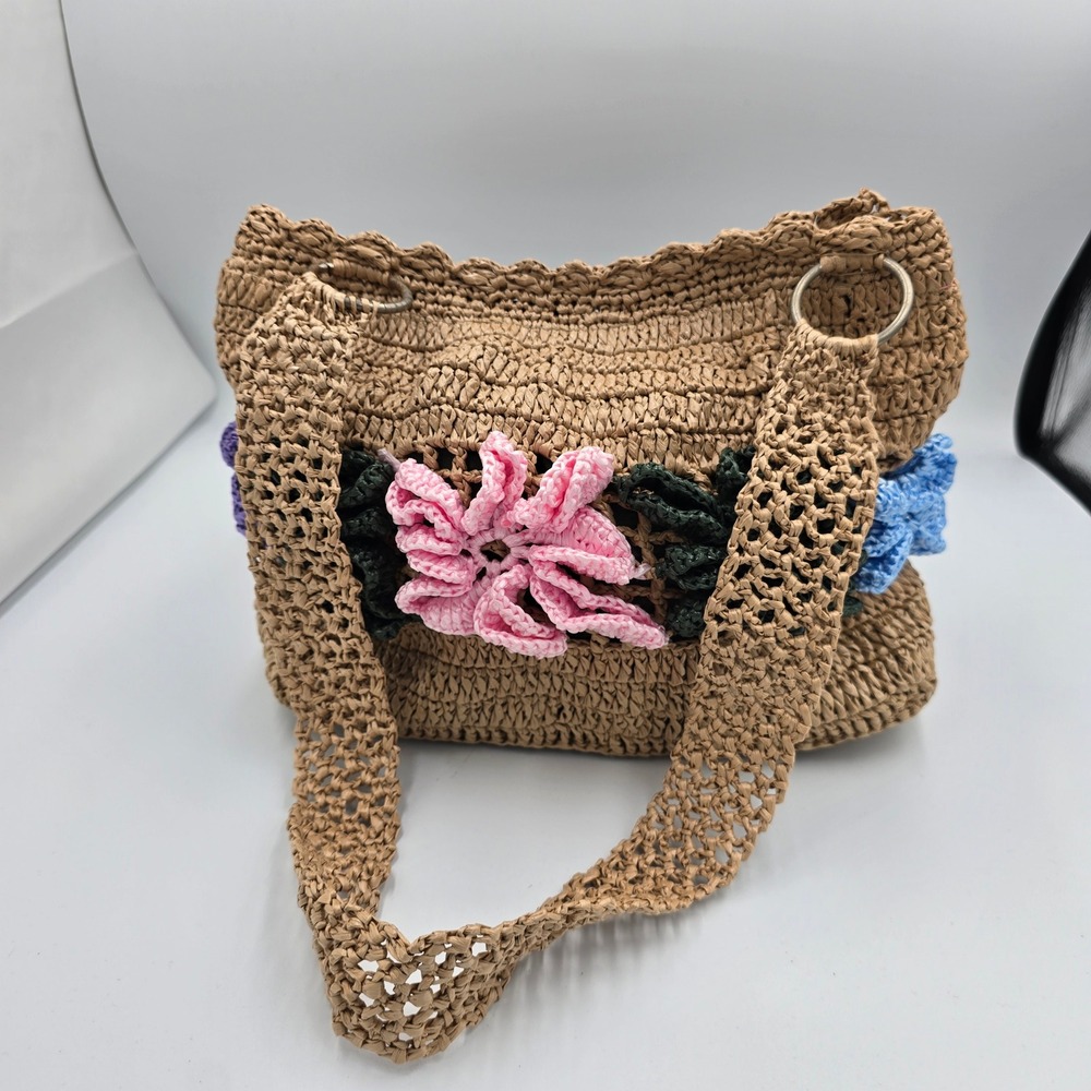 Woven Raffia Straw Bag with Crochet Floral Appliques Summer Beach Tote‎ Boho